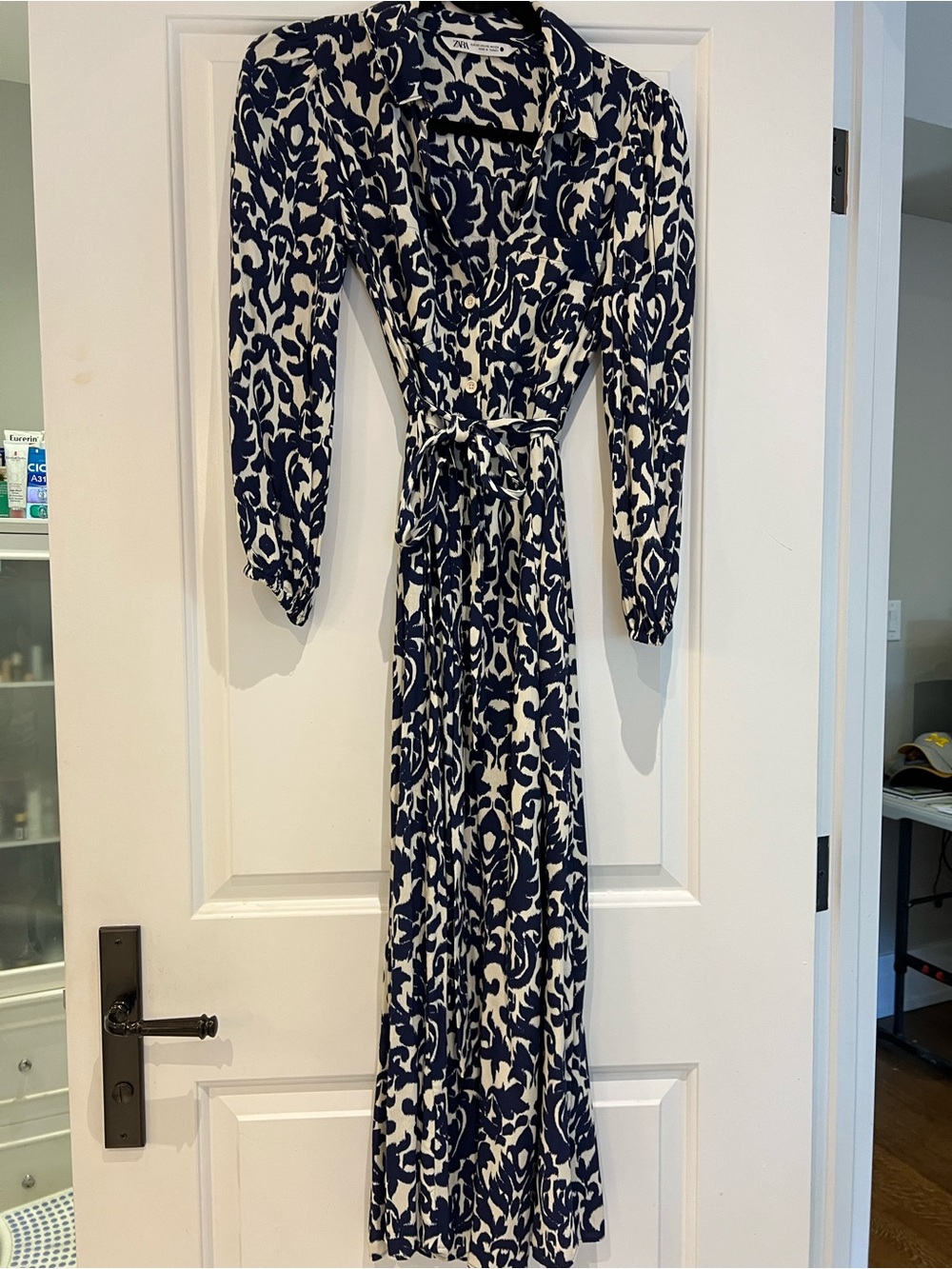 Zara Navy and White Printed Wrap Maxi Dress with Tie Waist